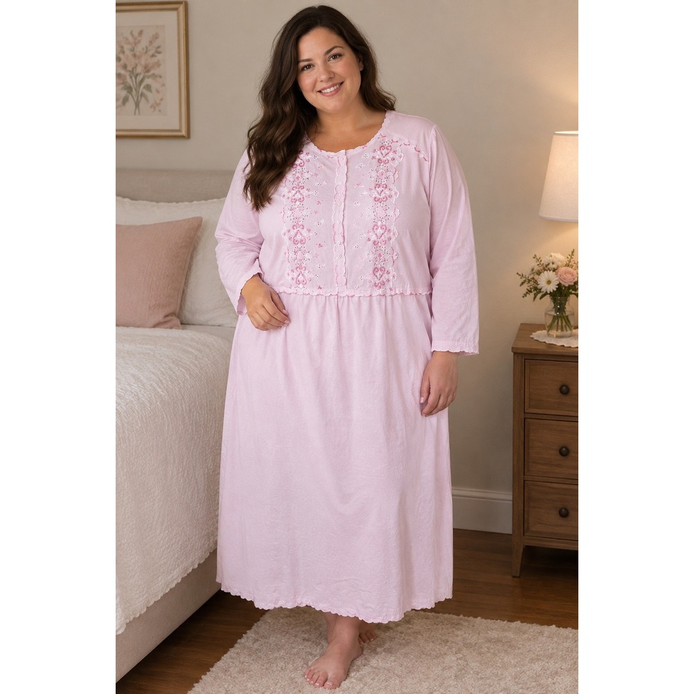 Vintage Pink Embroidered Long Nightgown Scalloped Trim Cotton Blend XL 52/54